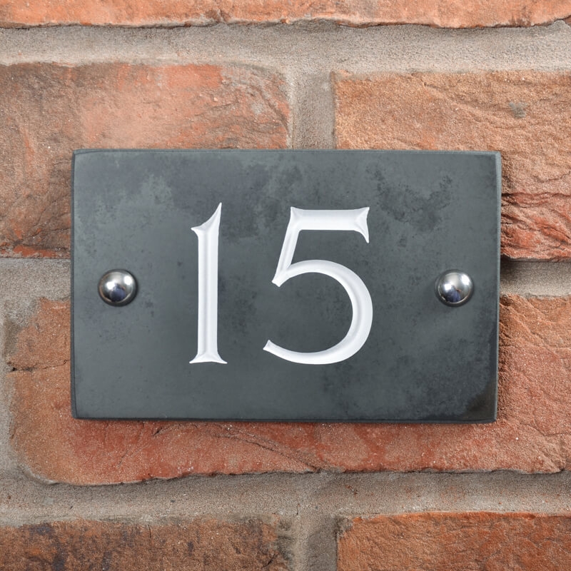 Slate house number 15 v-carved with white infill number