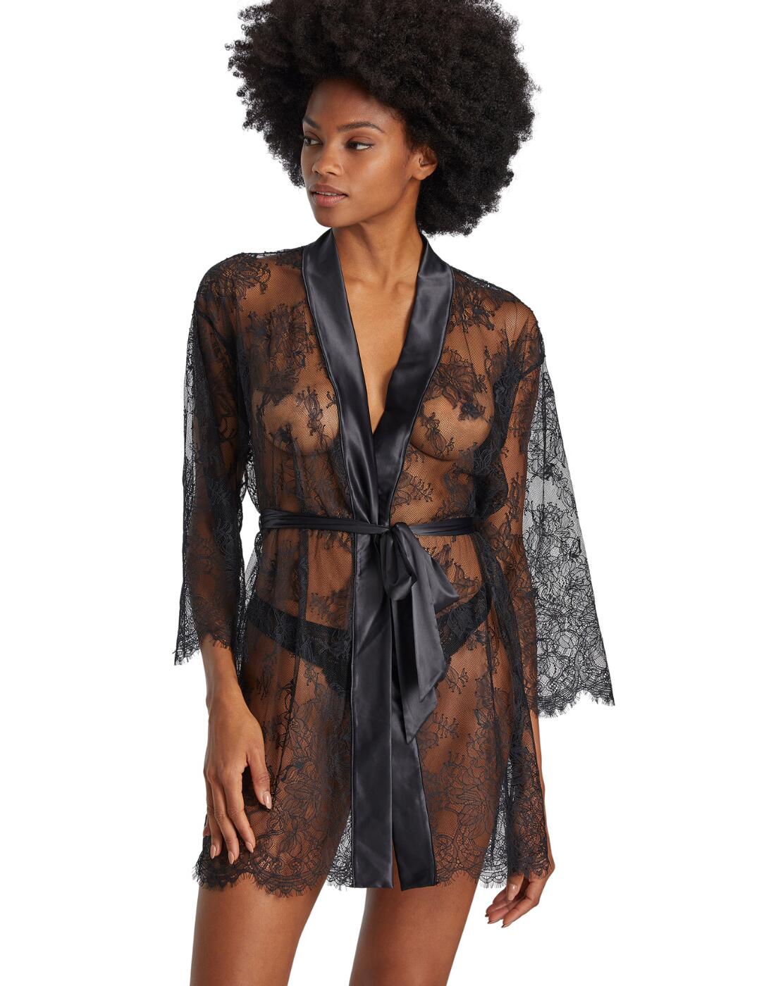 If you're looking to add that extra sexy finishing touch to your lingerie look, this kimono is perfect for you. From the Histoire D'Unsoir range by Aubade, the dressing gown kimono is covered in sheer delicate lace that has satin sections down the opening and ties at the waist with a satin ribbon to cinch in your silhouette. It sits mid-thigh length and has long flowy sleeves for a comfortable fit.  Kimono-style dressing gown All-over sheer lace Satin detailing with satin waist tie Mid-thigh length Flowy long sleeves Country of origin: Tunisia Composition: Lace: 100% Polyamide Composition: Satin: 88% Polyester &pipe; 12% Elastane Listed in UK sizes  56734-100510-1306491 RZ65 Dressing Gown