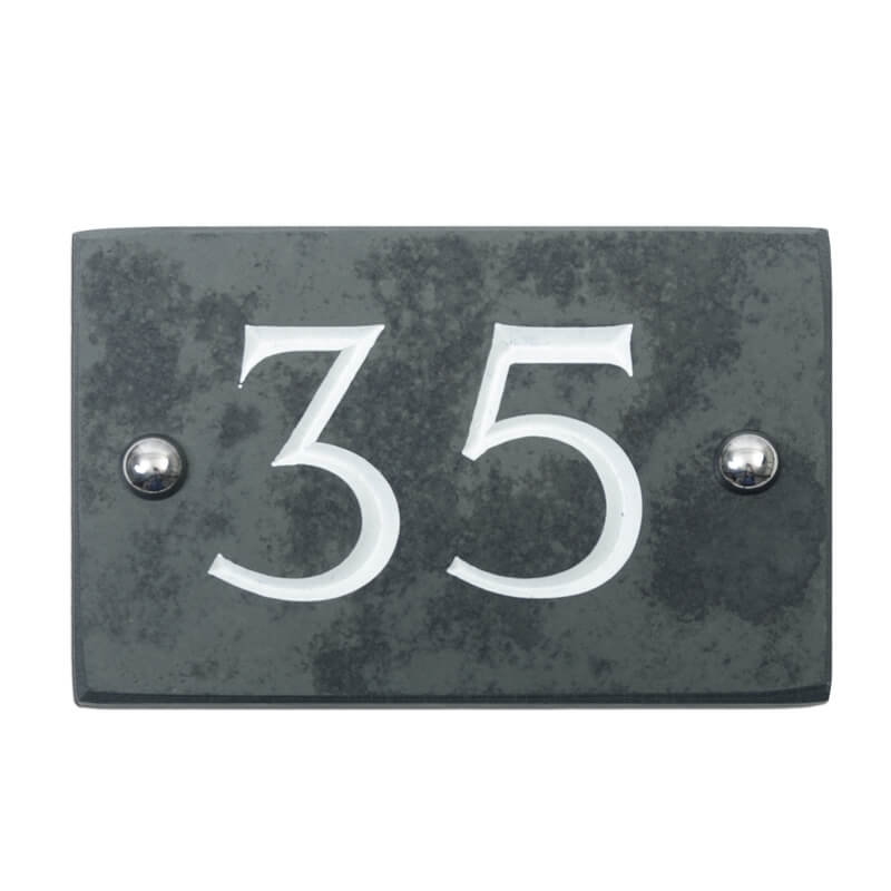 Slate house number 35 v-carved with white infill numbers