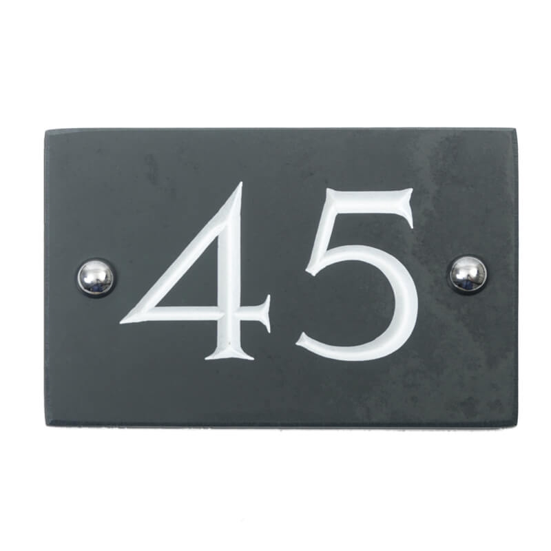 Slate house number 45 v-carved with white infill numbers