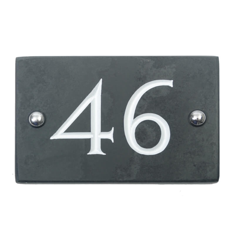 Slate house number 46 v-carved with white infill numbers