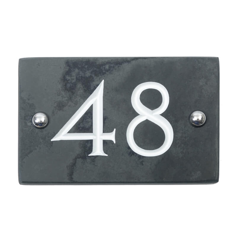 Slate house number 48 v-carved with white infill numbers