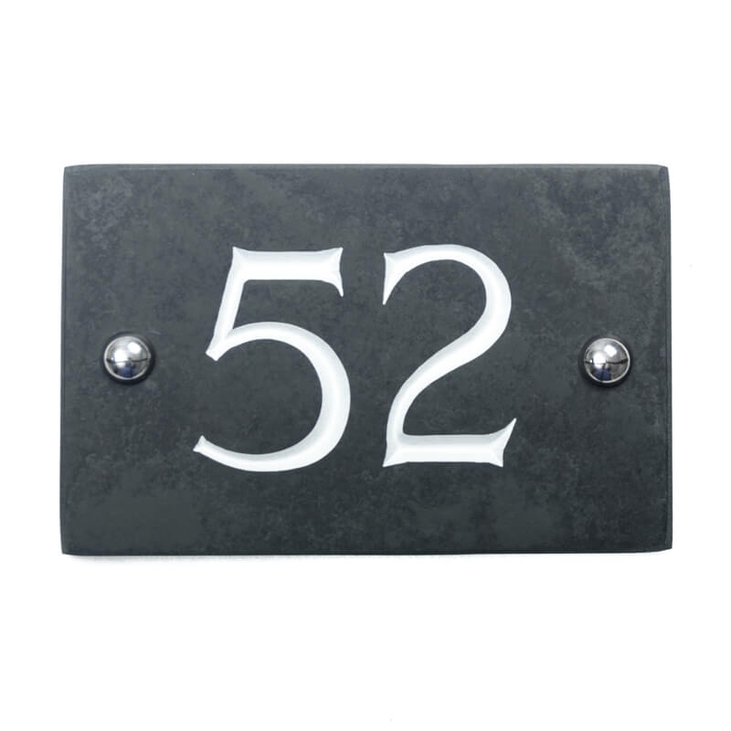 Slate house number 52 v-carved with white infill numbers