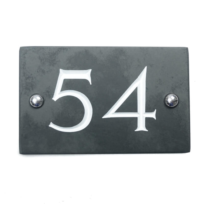 Slate house number 54 v-carved with white infill numbers