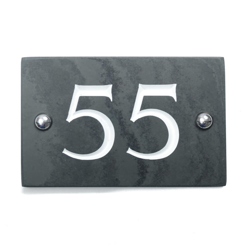 Slate house number 55 v-carved with white infill numbers