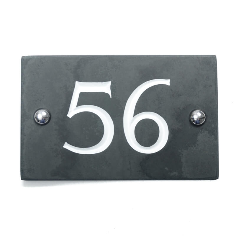Slate house number 56 v-carved with white infill numbers