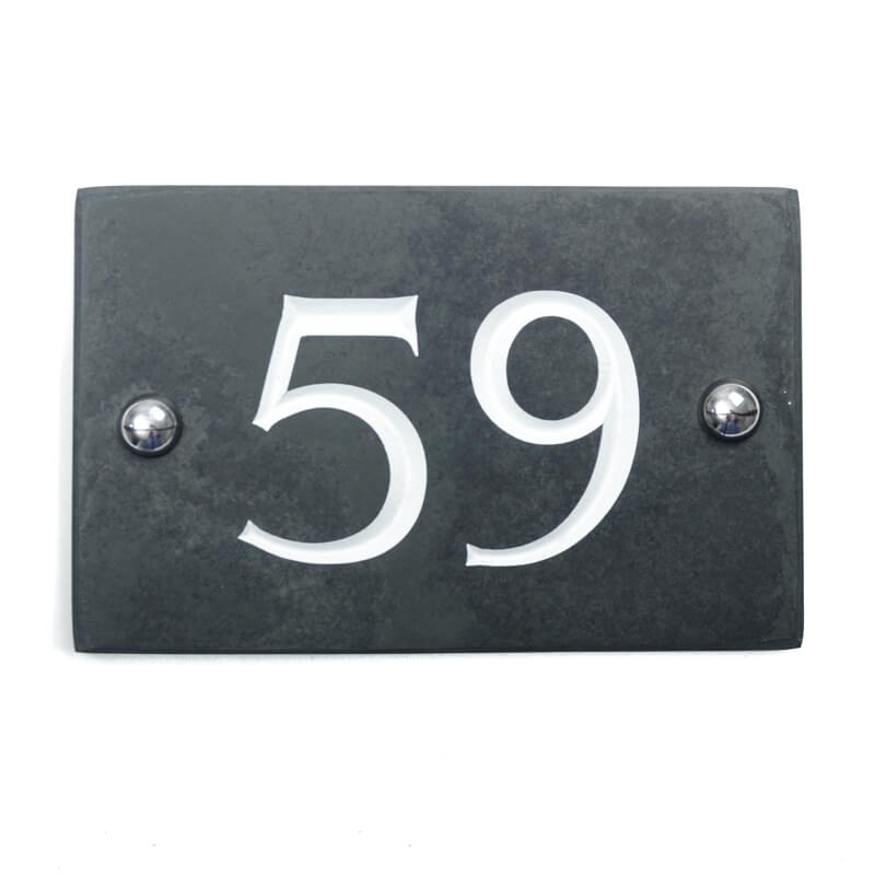 Slate house number 59 v-carved with white infill numbers