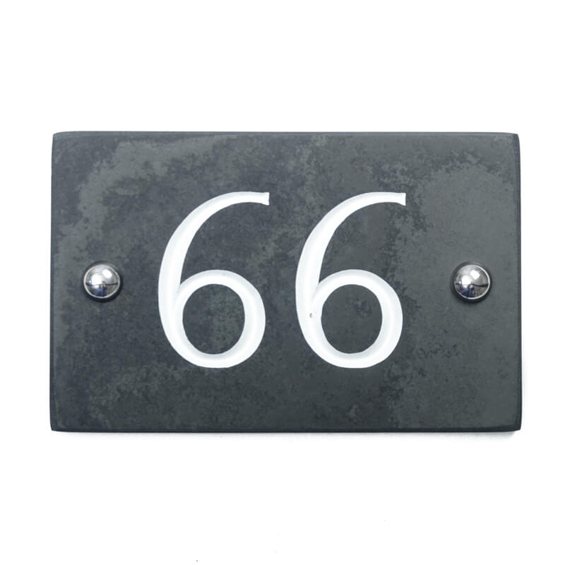 Slate house number 66 v-carved with white infill numbers