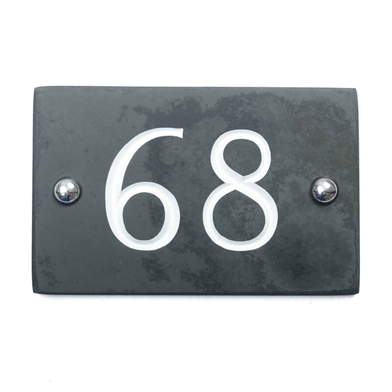 Slate house number 68 v-carved with white infill numbers