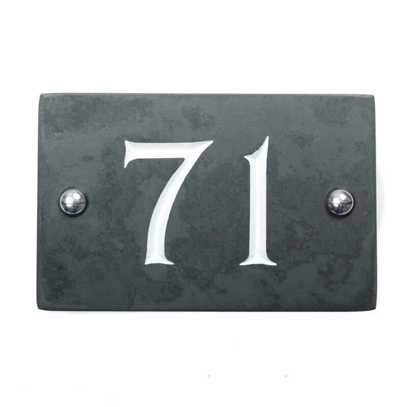 Slate house number 71 v-carved with white infill numbers