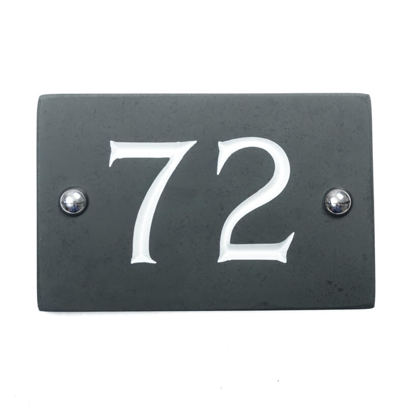Slate house number 72 v-carved with white infill numbers