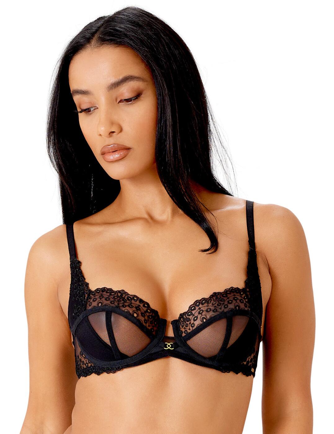 Indulge in a stylish look that exudes seductive femininity with this gorgeous balcony bra from the Rebel collection by Gossard! With underwiring and a low-cut balcony neckline, you can enjoy a secure and wonderfully flattering fit! The use of graphic cut-out embroidery on fine tulle mesh crafts a sensual and irresistible aesthetic while ensuring a lightweight feel. What's more, the seaming and strapping details across the semi-sheer cups elevates the glamorous, tantalising look even further! For added edge, eye-catching gold details between the cups and on the side finish off this bra with a flourish. Pair with matching briefs from the Rebel range for a show-stopping ensemble!