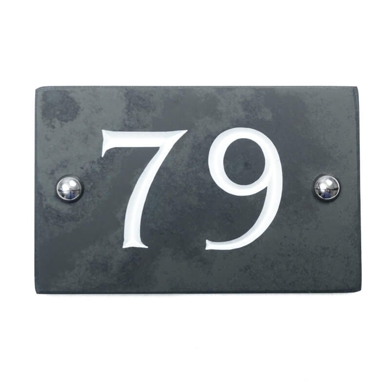 Slate house number 79 v-carved with white infill numbers