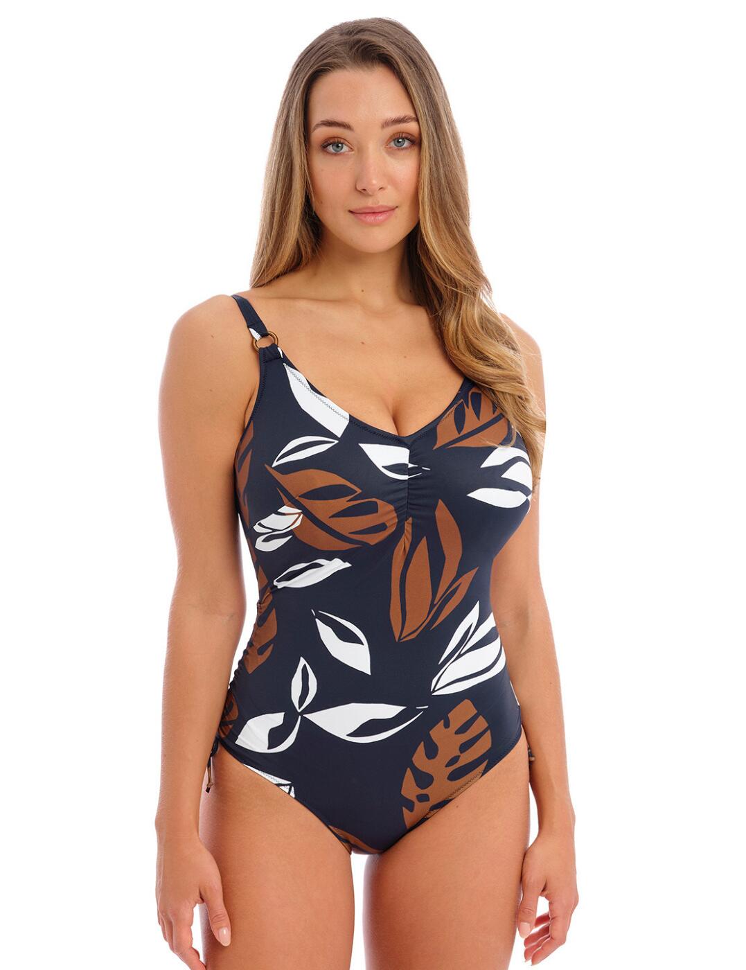 Dive into style with the Fantasie Lake Orta v-neck swimsuit. With its stunning leaf print and figure-flattering design, this swimsuit is a must-have for any sunny getaway. Crafted with a v-neckline and full cup coverage, this swimsuit offers the perfect combination of support and style. The concealed underwiring provides a lift for a confidence-boosting fit, while the non-padded cups ensure all-day comfort. A low scoop back allows for an easy, pull-on design that's quick and efficient. Plus, you're sure to feel secure thanks to the full rear coverage.