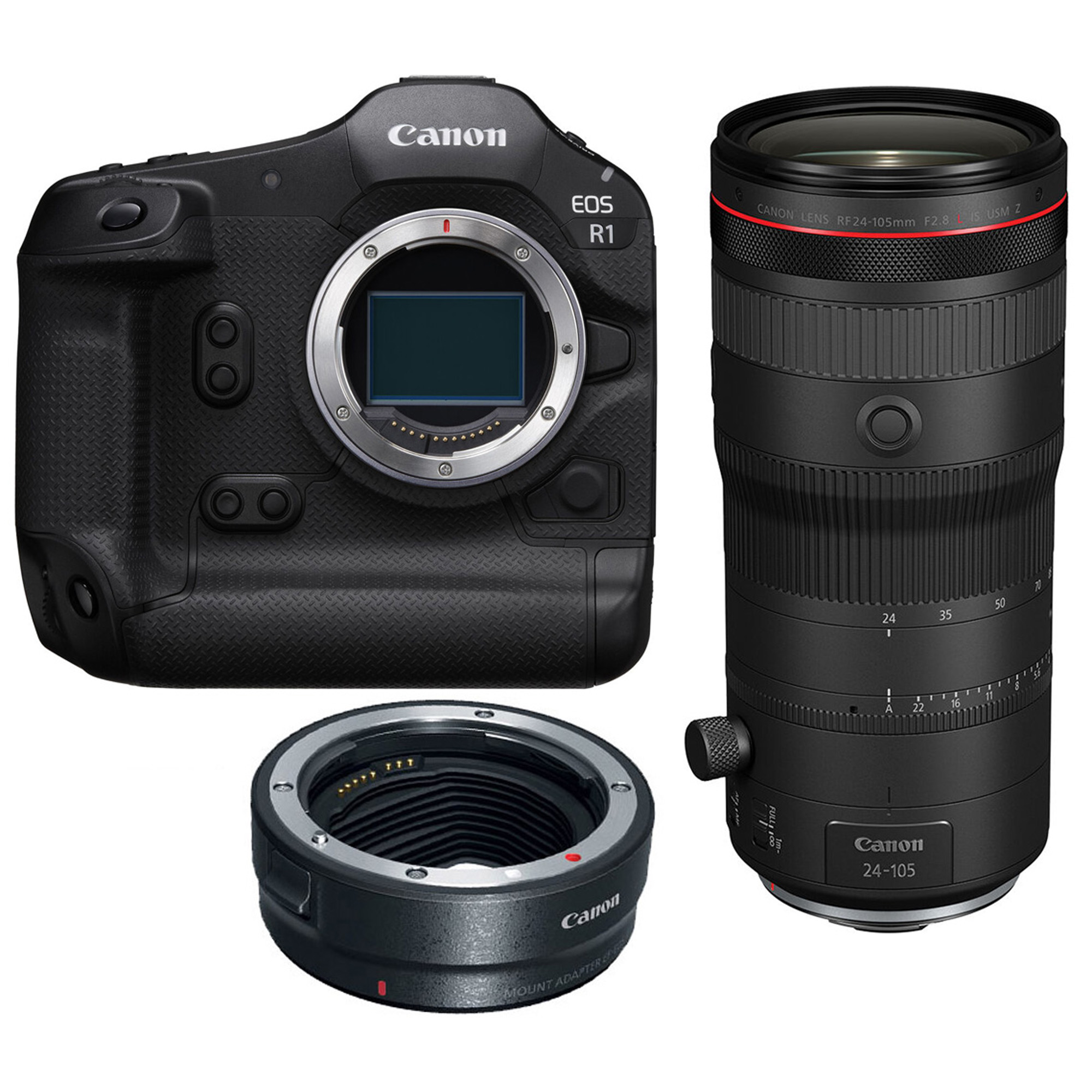 Canon EOS R1 Mirrorless Camera with RF 24-105 f/2.8L IS USM Z Lens with EF-EOS R mount adapter