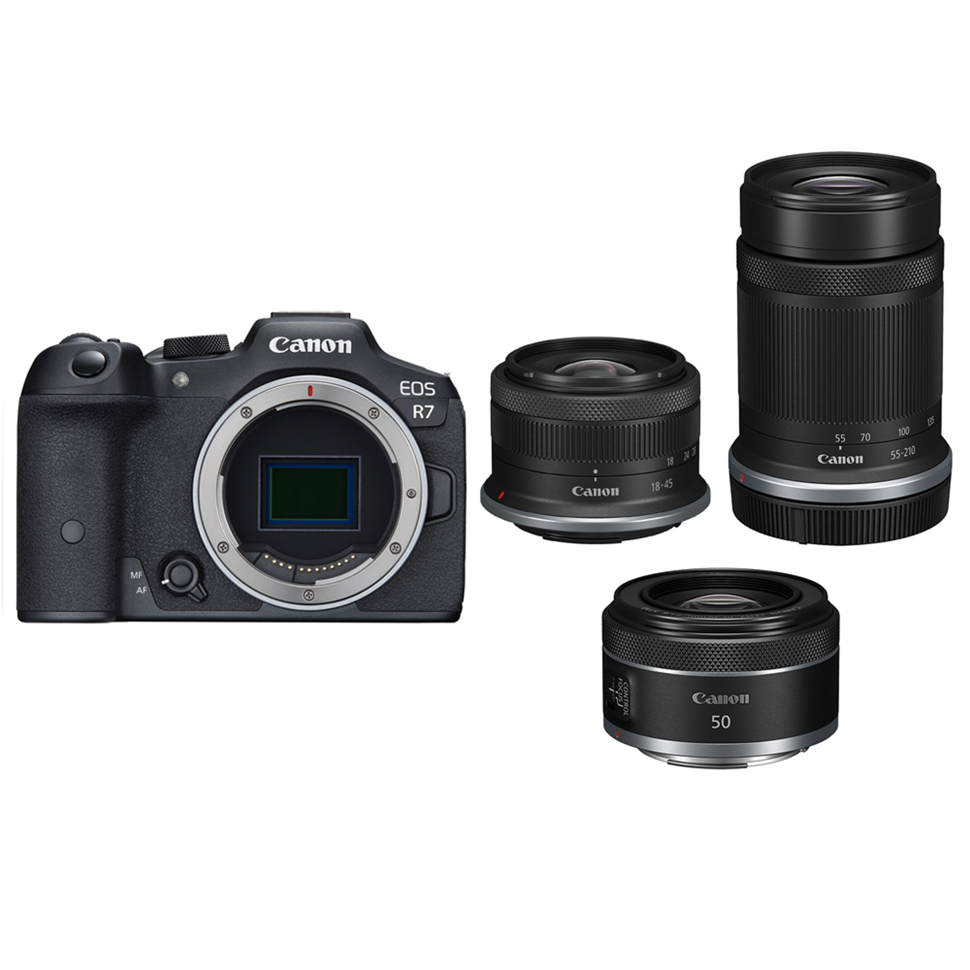 Canon EOS R7 Mirrorless Camera with RF-S 18-45mm, RF-S 55-210mm and RF 50mm f1.8 STM Lenses