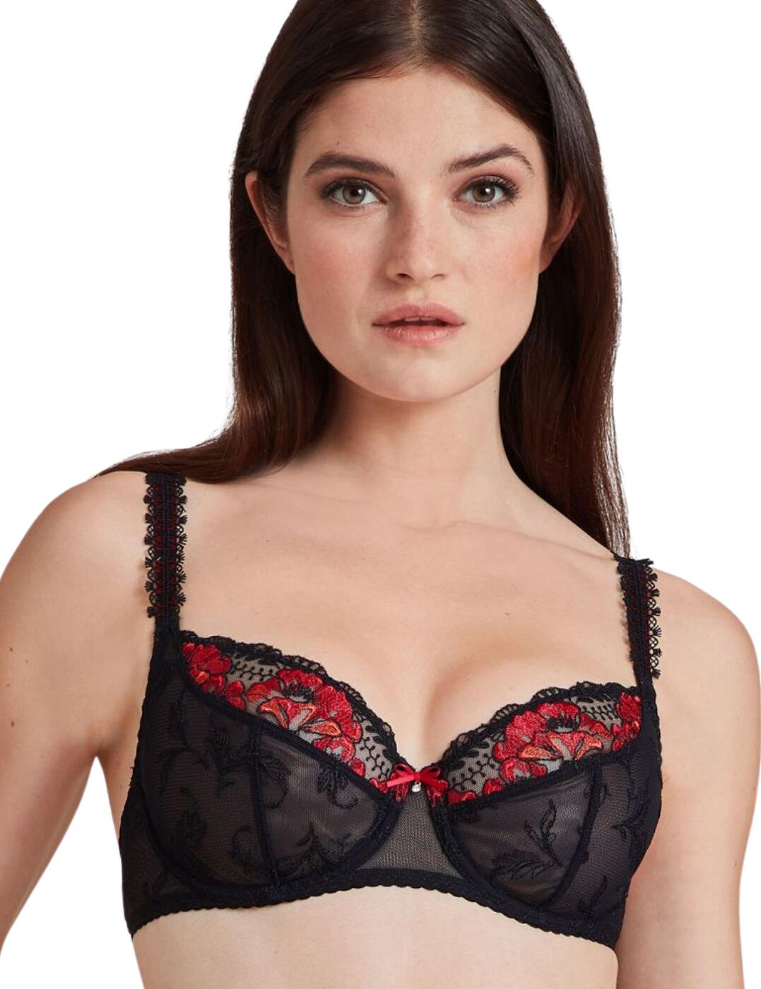 Indulge in a bit of luxury into your everyday lingerie with the A Fleur De Toi collection from Aubade. Thanks to the innovative 3-part structure cups and their full coverage, this bra is as comfortable to wear as it is stunning to look at. The bra features gorgeous floral embroidery in a contrasting colour on top of the cups, bringing attention to your delectable curves, while giving you an elegant look and a chic vibe. Semi-sheer material gives an additional sensual feel to the bra, while the cute satin bow with a diamante detail in the centre of the bridge creates an adorable finishing touch.  Classic balcony style Stunning floral embroidery on the cups Semi-sheer materials 3-part full coverage cups Adjustable shoulder straps Hook and eye back closure Non-padded Underwired Matching coordinates available Country of origin: Tunisia Composition: Embroidery: 55% Polyamide &pipe; 24% Polyester &pipe; 21% Elastane Composition: Embroidery cup: 100% Polyester Composition: Lining: 100% Polyester Composition: Side lining: 100% Polyamide Composition: Lining back: 69% Polyamide &pipe; 31% Elastane Listed in UK sizes  54943-97981-1272902 IBF13 Full Cup Bra