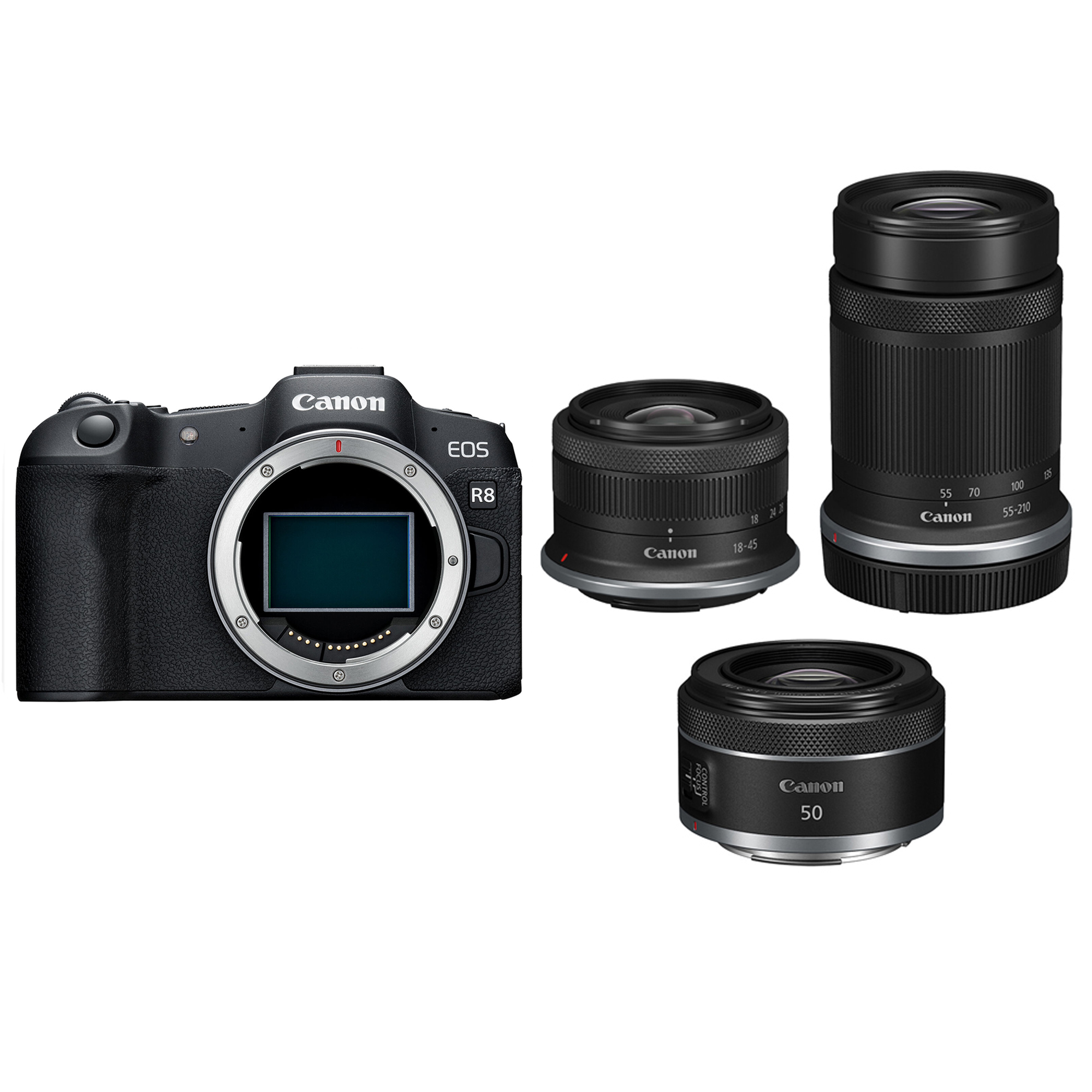 Canon EOS R8 Mirrorless Camera with RF-S 18-45mm, RF-S 55-210mm and RF 50mm f1.8 STM Lenses