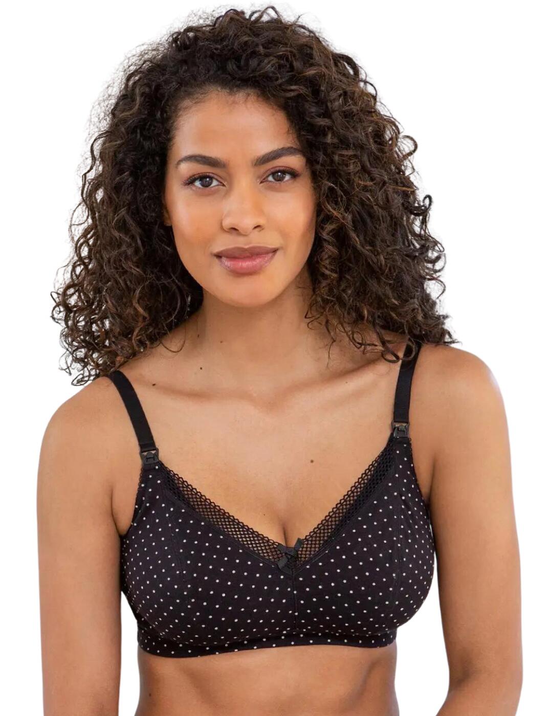 The Love To Lounge nursing bra combines necessary functionality with modern chic styles. Cotton fabrics will keep you feeling fresh and comfortable all day. No padding or wires for a natural feel while featuring an inner side sling for more support when feeding. A wide underband offers a more comfortable fit and prevents slipping. The hook and eye fastening at the rear alongside adjustable straps offer more control over the fit. Featuring a dropdown clip on the bottom of the strap to make feeding easier and more comfortable. Picot and lace edging lend a feminine touch.  Dropdown clip strap Inner side sling offering support and control while feeding Unpadded Wire-free Feminine lace detailing Country of origin: China Composition: 95% Cotton &pipe; 5% Elastane Listed in UK sizes  51505-92951-1226973 18602 Maternity Bra