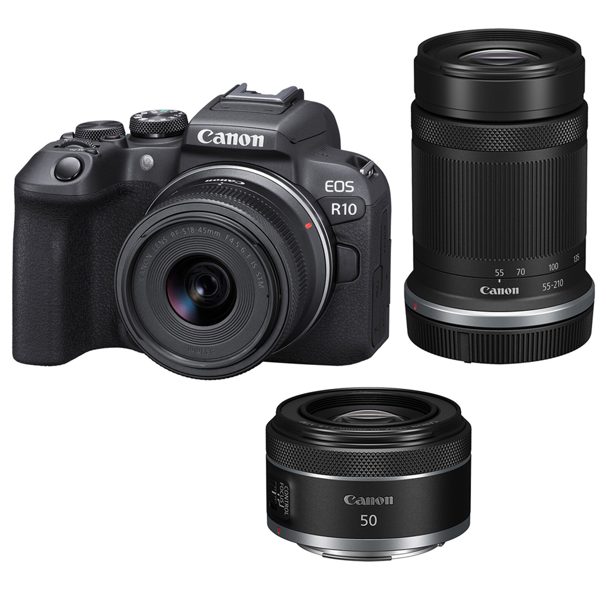 Canon EOS R10 Mirrorless Camera with RF-S 18-45mm, RF-S 55-210mm and RF 50mm f1.8 STM Lenses