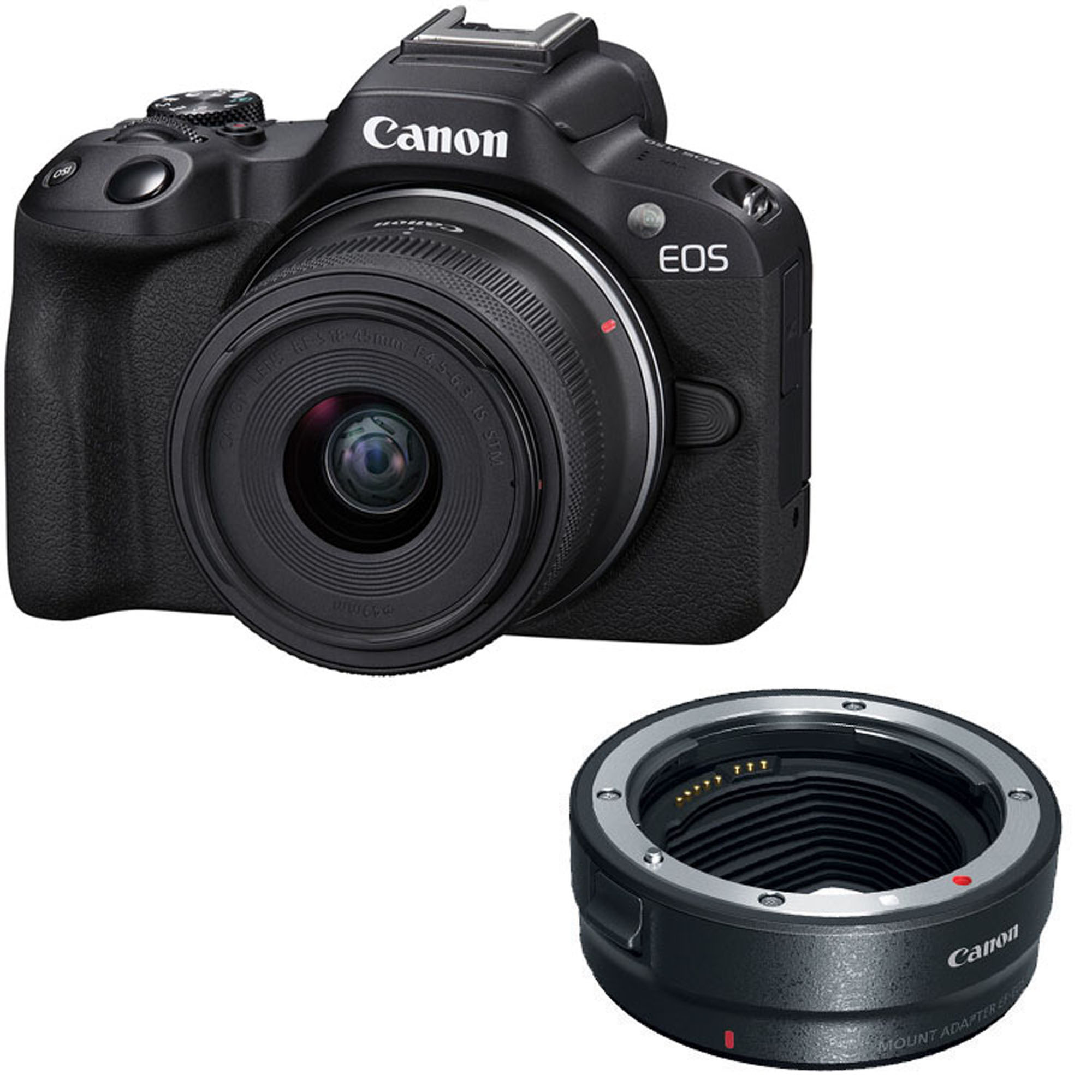 Canon EOS R50 Mirrorless Camera with RF-S 18-45mm f/4.5-6.3 IS STM Lens with EF-EOS R mount adapter