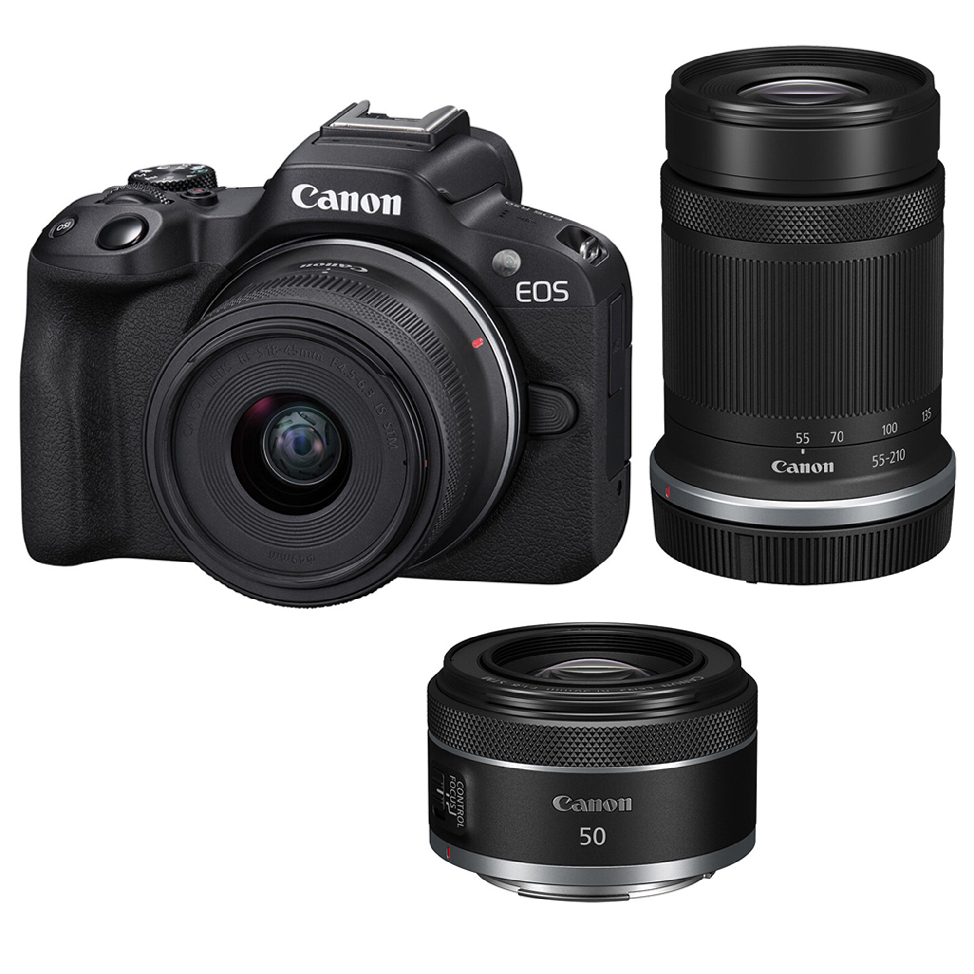 Canon EOS R50 Mirrorless Camera with RF-S 18-45mm, RF-S 55-210mm and RF 50mm f1.8 STM Lenses