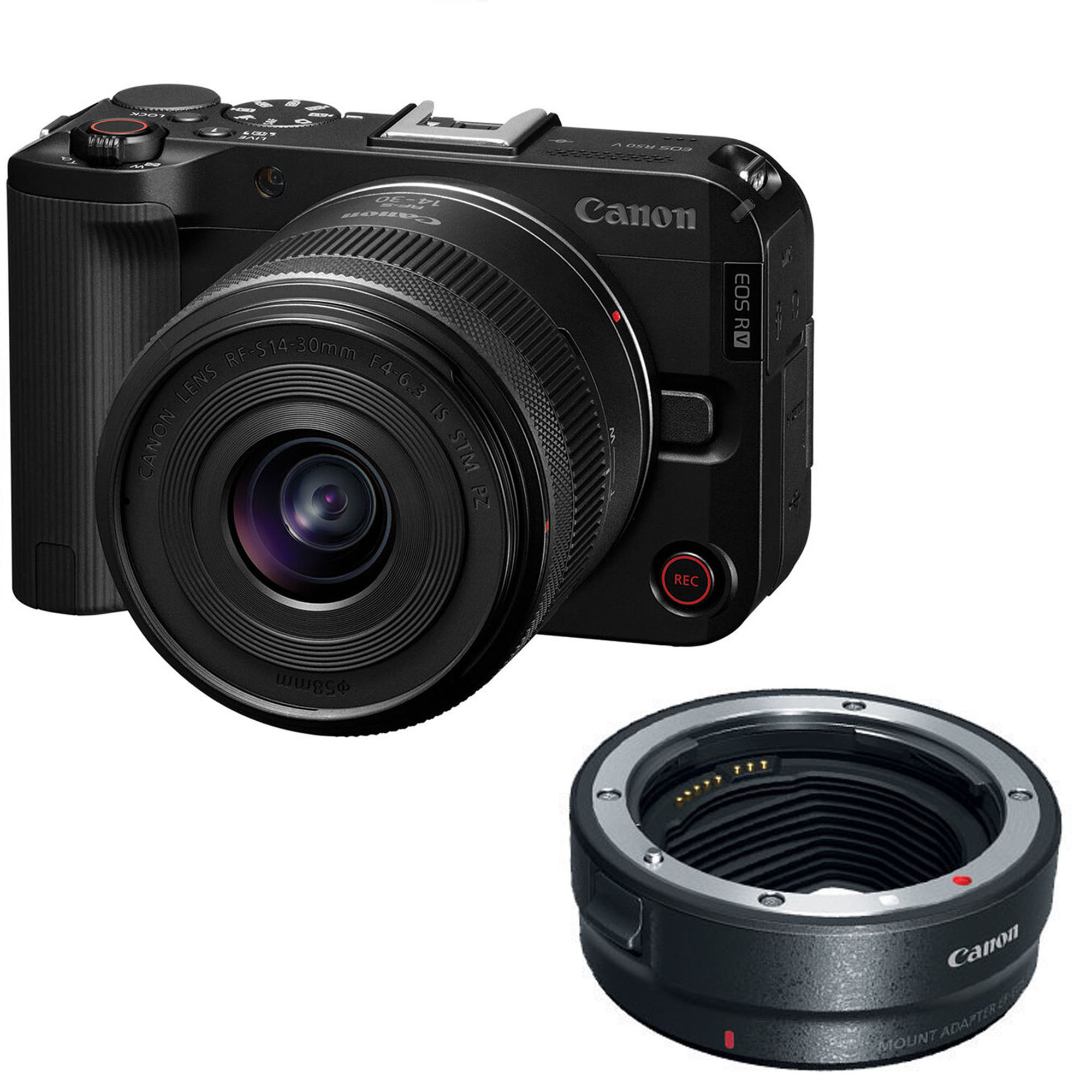 Canon EOS R50 V Mirrorless Camera with RF-S 14-30mm f/4-6.3 IS STM PZ Lens with EF-EOS R mount adapter