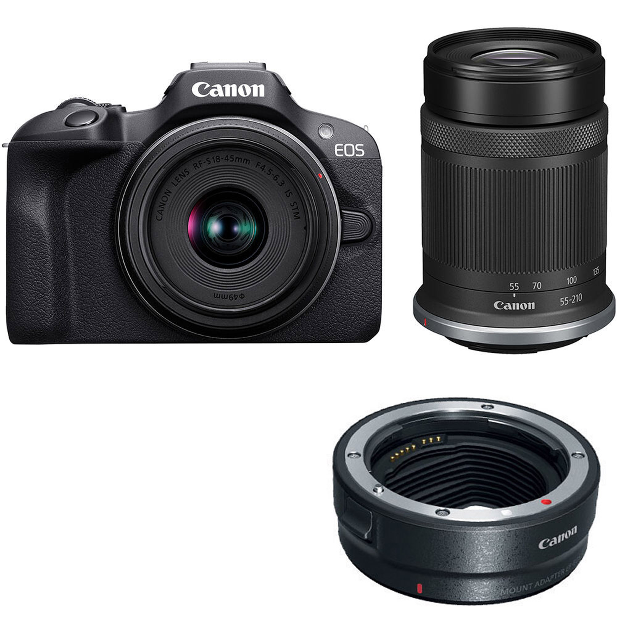Canon EOS R100 Mirrorless Camera with RF-S 18-45mm and RF-S 55-210mm STM Lenses with EF-EOS R mount adapter