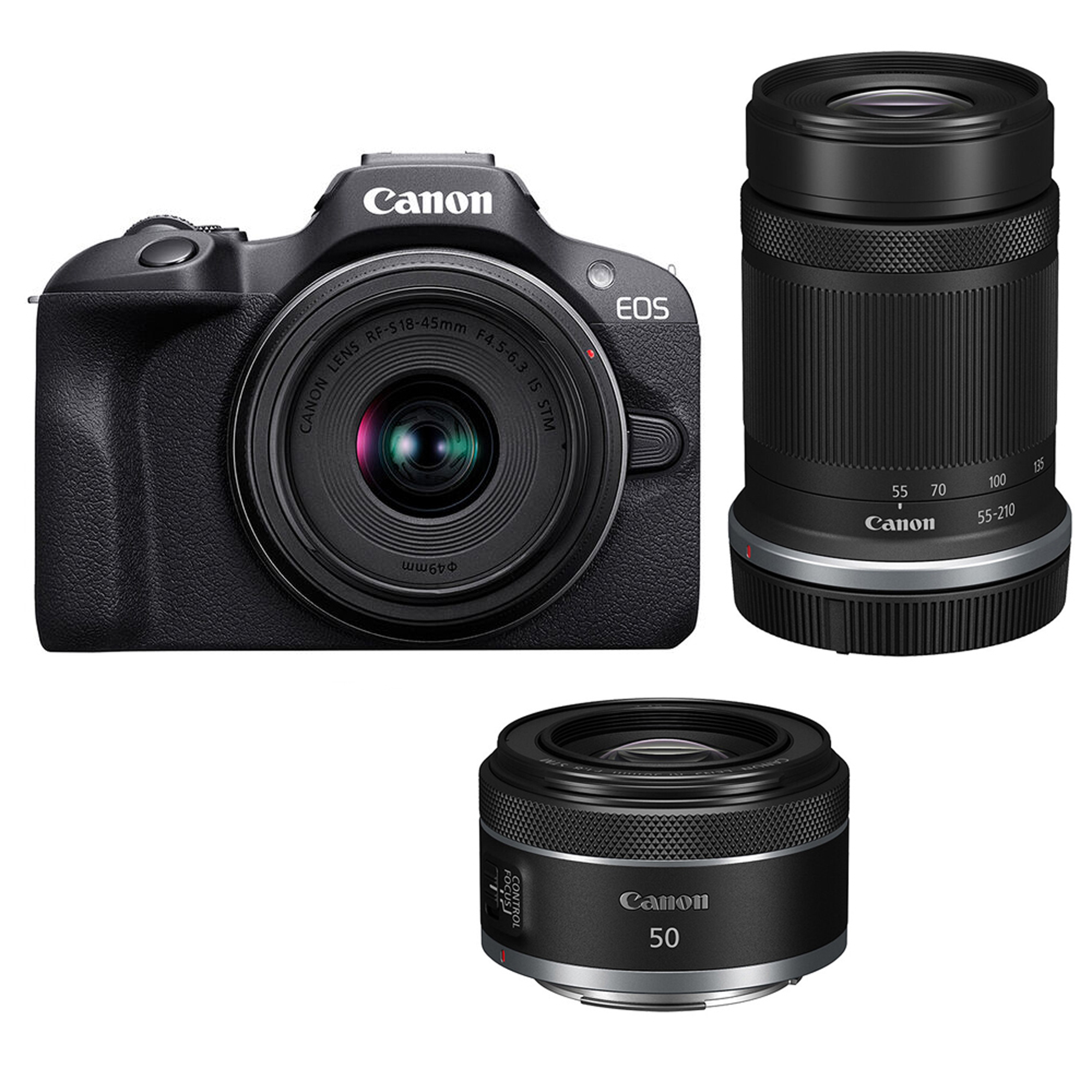 Canon EOS R100 Mirrorless Camera with RF-S 18-45mm, RF-S 55-210mm and RF 50mm f1.8 STM Lenses
