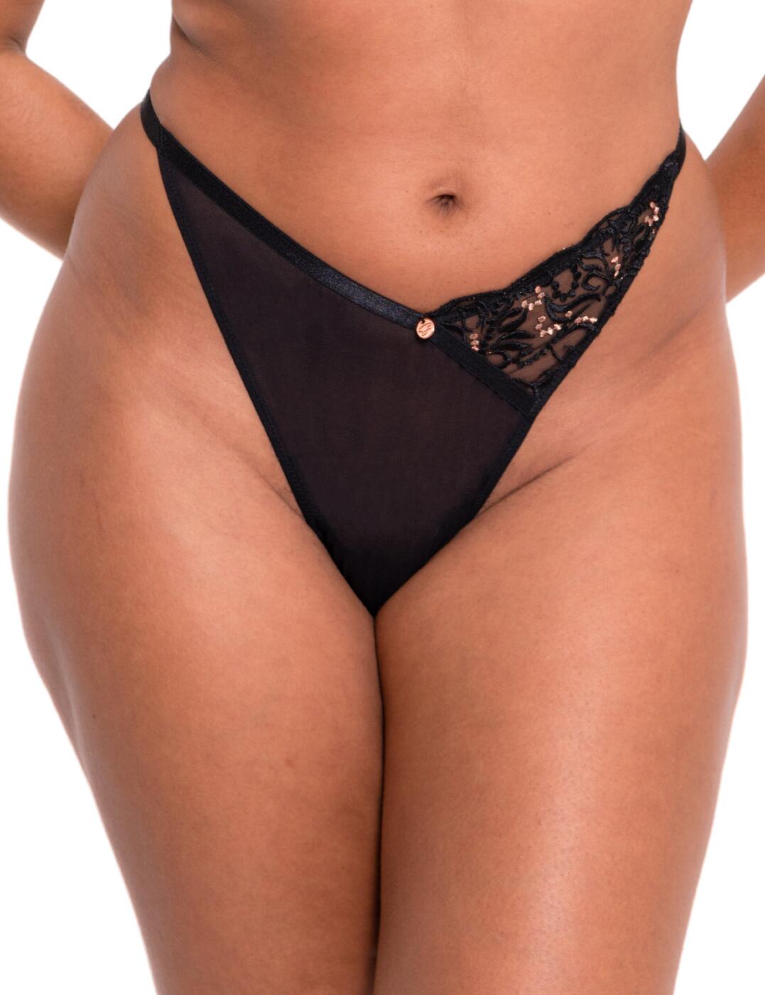 Treat yourself to this fabulously flirty thong from the Ornate collection by Scantilly by Curvy Kate. Adorned with metallic rose gold yarns which sparkle, this piece effortlessly creates an empowering and sexy look that flatters your beautiful curves. The high-cut leg holes, high waistband and asymmetric design are combined together to create a flattering style that accentuates and elongates your figure. Show off your cheeky side with the minimal rear coverage and teasingly sheer panelling. Why not match it with the coordinating balcony bra from the Ornate range to complete this tantalising look?  Sensual thong Delicate embroidery and gold thread detail Set off with a gold charm in the centre front of the waistband High-waisted rise High-cut leg holes Asymmetric design Minimal rear coverage Semi-sheer mesh Country of origin: China Composition: Listed in UK sizes  61343-106387-1406091 ST039200 Brief