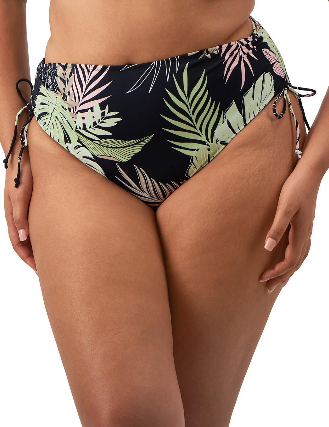 For stylish and flattering swimwear on your next holiday, look no further than this must-have adjustable bikini brief from the Tropical Retreat collection by Elomi! The beautiful and vibrant tropical print crafts a chic aesthetic that will leave you brimming with confidence, while the full rear coverage and mid-rise waist further compliments your gorgeous curves for a stunning pool-side look! What sets this fabulous brief apart are the distinctive tie-sides on the leg that offer a feminine flourish to this piece while enabling you to adapt your coverage as you desire! Pair with matching swimwear from the Tropical Retreat range for an unmissable ensemble!