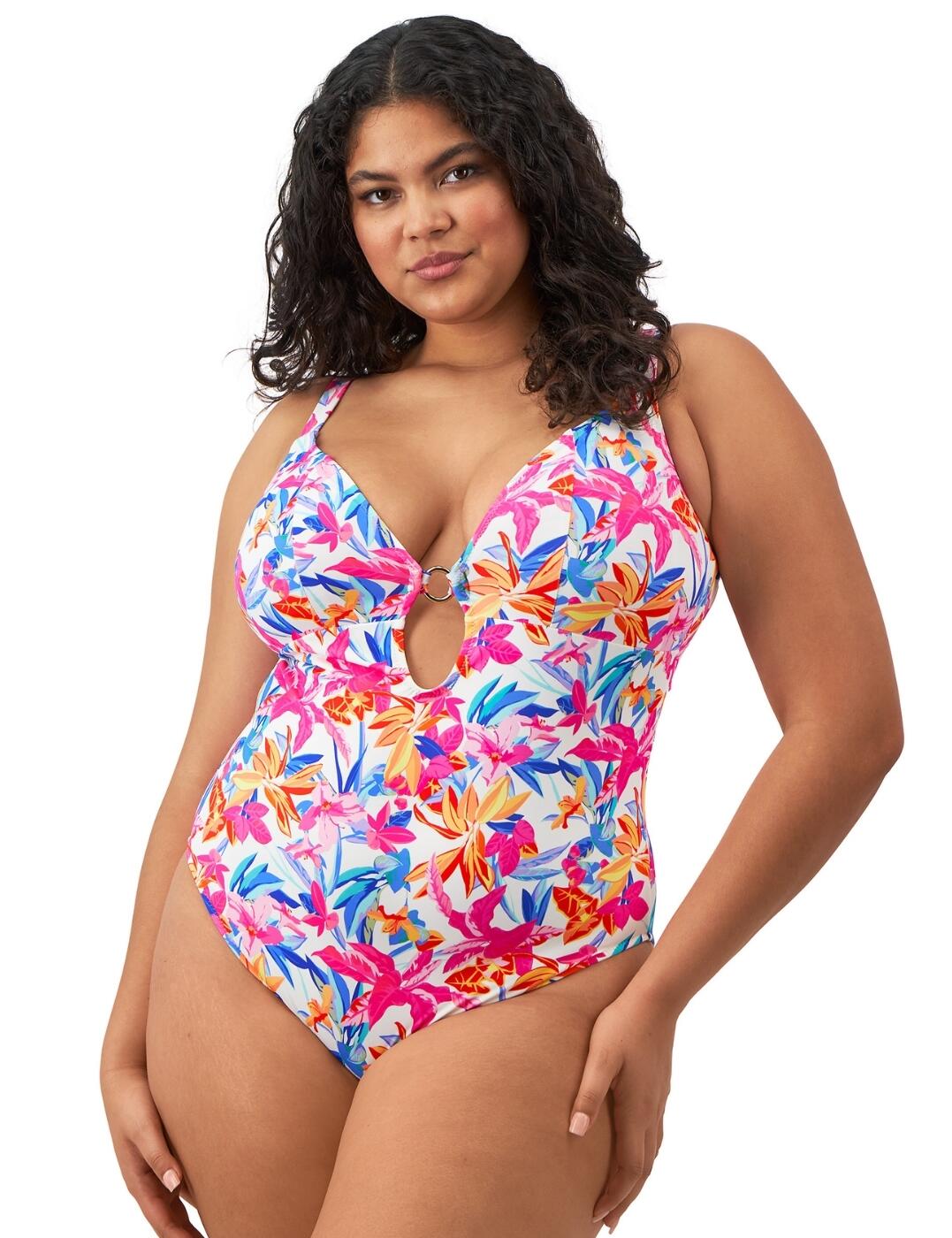 Dive into style with the Savaneta wireless swimsuit by Elomi! This vibrant tropical swimsuit is sure to turn heads this season. The flattering deep plunge neckline accentuates your natural bust, with support offered by a chic metallic ring at the centre. No padding or moulding in the cups ensures a lighter look perfect for sunbathing, while moderate rear coverage means you can slip into the pool with confidence. Thanks to adjustable shoulder straps and clasp closure, this lightweight swimsuit is customisable for the fit that's just right for you wear after wear. Plus, its low scoop back guarantees ease of fit. What's not to love?