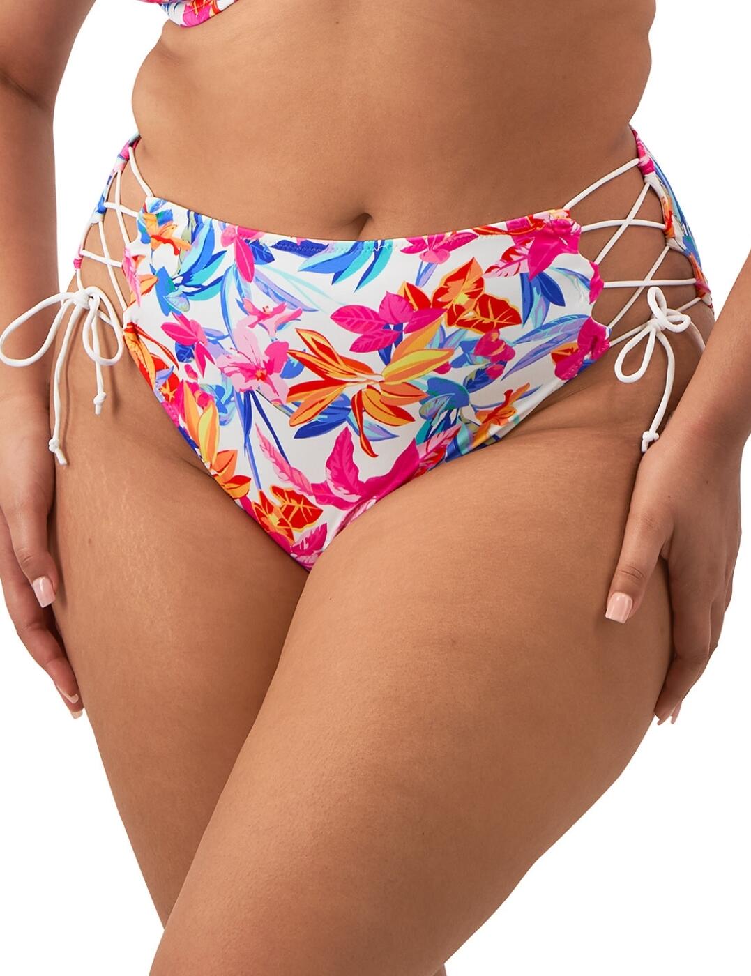 Turn heads by the pool this season with this eye-catching bikini brief from the Savaneta range by Elomi. Boasting adjustable criss-cross tie sides for custom coverage, this high-rise brief is a playful addition guaranteed to liven up your holiday wardrobe. The lightweight fabric features a vibrant tropical print and is fully lined for your comfort. Good rear coverage is standard, but with adjustable tie sides, this bikini brief can be completely personalised to you. Pair with a matching bikini top, also available, from the Savaneta range to complete your poolside look.