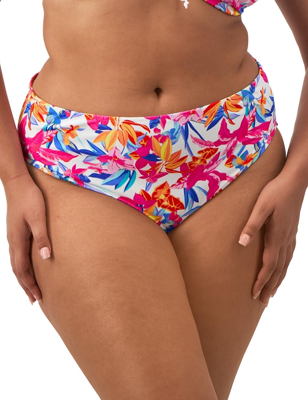Animate your holiday wardrobe with this mid-rise bikini brief from Elomi's Savaneta collection. Featuring a flattering high leg line and full rear coverage, this vibrant bikini brief combines style with security for the perfect poolside look. The lightweight fabric boasts a vibrant tropical print to add a touch of playful femininity to your holiday attire while full lining prioritises your comfort whether you're taking a dip or catching some rays. Pair with a matching bikini top, also available, from the Savaneta range for a stunning getaway outfit!