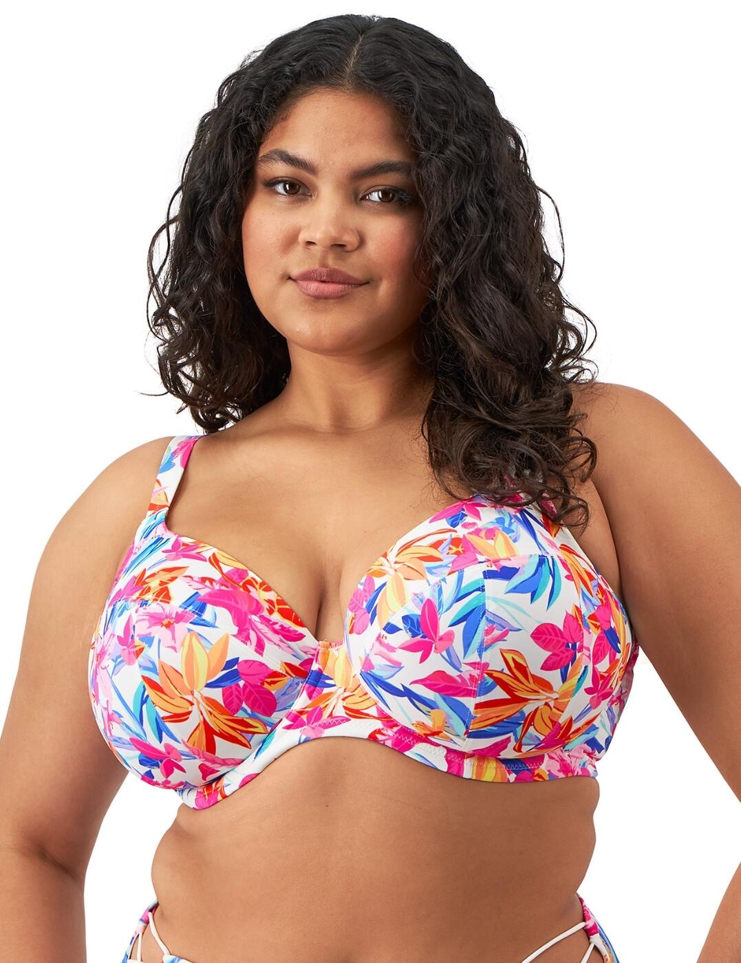 Take a trip to tropical style in this plunge bikini top from the Savaneta collection by Elomi. Featuring lightweight fabric with a vibrant tropical print, this underwired bikini top is the perfect companion for any poolside getaway. The top is fully lined with light, supportive fabric for comfortable wear, with concealed elastic along the flattering neckline for ease of fit. Non-padded cups and a strong, supportive cradle accentuate your natural shape so you can feel your most confident while sunbathing this season. Fully adjustable shoulder straps and a plastic clasp closure ensure a custom fit that's just right for you. Matching bikini bottoms are also available for a complete, cohesive look.