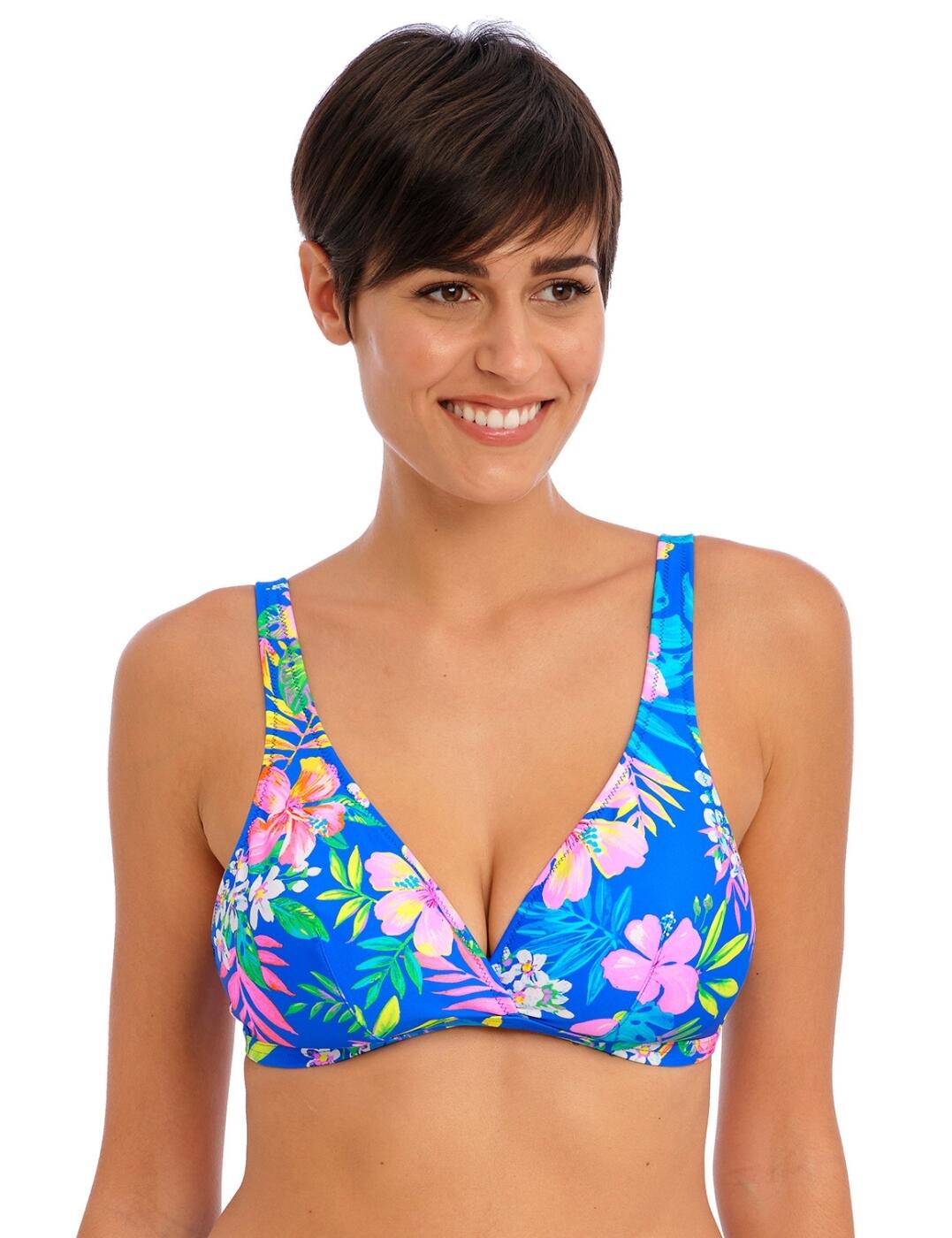 Elevate your holiday outfits this season in the Freya Hot Tropics non-wired triangle bikini top. Featuring a plunging neckline and tropical floral print, you’ll be turning heads in this must-have swimwear piece. For added comfort and convenience, this stylish triangle bikini top is non-wired and non-padded to ensure a natural shape that won't go unnoticed. Plus, thanks to its split underband and powernet lined cups for anchorage, you can expect additional support ideal for larger sizes. Not only that but with its adjustable shoulder straps and back loop tie detail adjusting the fit will be quick and easy. Complete your look with its matching coordinates available - either way, you'll be ready to enjoy a chic day at the beach or pool in this beautiful piece of swimwear!  Triangle bikini top Plunging neckline Vibrant tropical floral print Non-wired for comfort Non-padded for natural shape Powernet lined cups for anchorage Split underband for support in larger sizes Back loop tie detail for adjustable fit Adjustable shoulder straps Tie at the back Matching coordinates available Country of origin: Tunisia Composition: Lining: 86% Polyamide &pipe; 14% Elastane Composition: Main Fabric: 80% Polyamide &pipe; 20% Elastane Listed in UK sizes  61910-107163-1418245 204511 Plunge Bikini Top