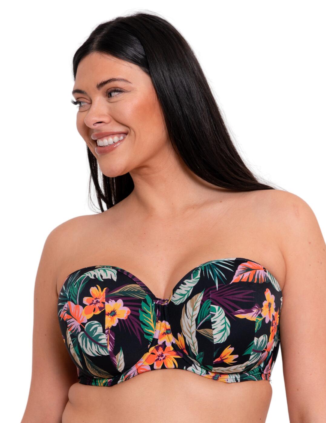 Flaunt your curves in this beautiful bandeau bikini top from the Cuba Libre range by Curvy Kate, a must-have for your holidays! The exotic tropical floral print on a plain background really catches the eye, helping you create that vibrant, flirty look. This range is designed for plus-size cups and features padding and underwiring making it a supportive and comfortable option that creates a flattering silhouette! It has a classic clap closure and a timeless strapless design with detachable multi-way straps allowing you to choose your style. Made from recycled materials, this is also an eco-friendly choice that looks good and is good for the planet.  Bandeau neckline bikini Bold tropical print Underwired for support Padded Clasp closure Multi-way detachable straps Country of origin: China Composition: Listed in UK sizes  61559-106663-1410392 CS032307 Padded Full Cup Bikini Top