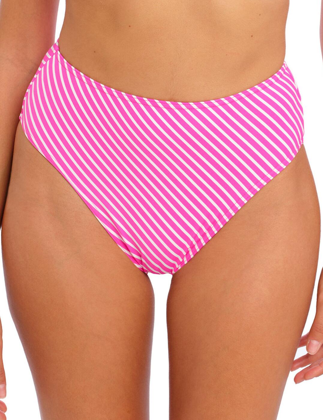 Hit the beach in style this season with the Freya Jewel Cove high-waist bikini briefs. This stylish, full bikini bottom is designed with sophistication and comfort in mind. Featuring a simple stripe pattern and scooped leg line to flatter all figures, it also has concealed stitching for a clean stitch-free waist. With moderate rear coverage, you can be sure of a secure fit without the fear of sagging. Plus, if you want complete coordination, there are matching coordinates also available in the Jewel Cove range!  High-waist bikini briefs Simple stripe pattern Scooped leg line Concealed stitching for a clean, stitch-free waist Moderate rear coverage Matching coordinates available Country of origin: Indonesia Composition: 83% Polyamide &pipe; 17% Elastane Listed in UK sizes  61714-106880-1414478 7236 Bikini Bottoms