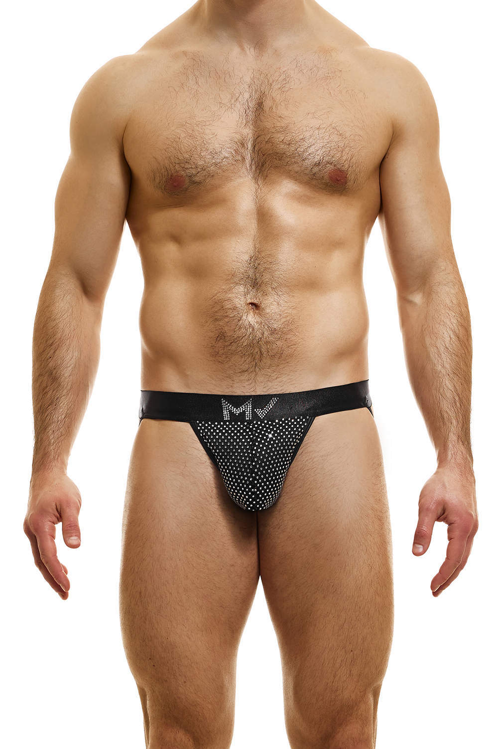 Jaw dropping Modus Vivendi Exquisite Jockstrap men’s enhancing underwear briefs – a male codpiece in black fishnet covered in crystals. Shop online