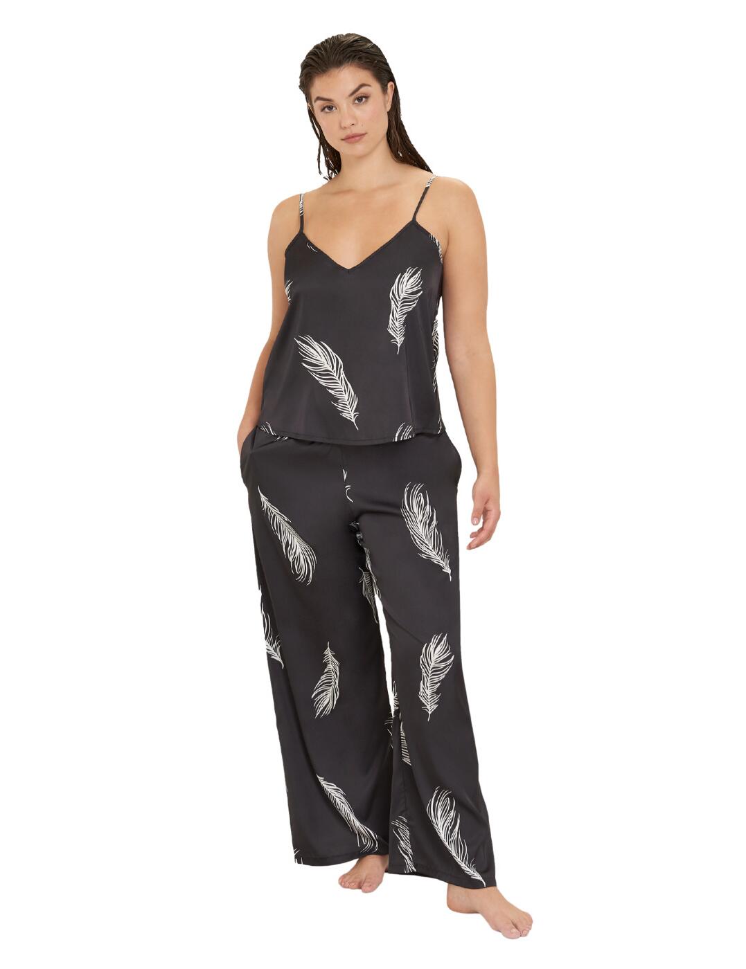 Update your pyjama drawer with this luxurious 2-pice set from the Laurel range by Bluebella. This cami and trouser set is crafted from super soft satin fabric that features a feather print to instantly calm your mood and get you prepared for bed. The cami top has a classic design with a slightly plunging neckline, thin adjustable straps and a super easy pull-on style. These trousers are in much-loved shape with a low-rise waist, full length and a wide flowy fit as well as an elasticated waistband to ensure a comfortable feel.  Cami and trousers pyjama set Soft satin fabric with feather print Classic cami top with thin adjustable straps and a pull-on style Wide leg trousers with an elasticated waistband for comfort Low-rise waist Country of origin: China Composition: 97% Polyester &pipe; 3% Elastane &pipe; Excluding trims  Listed in UK sizes  41530-BLKWHT-6 41530  Pyjama Set