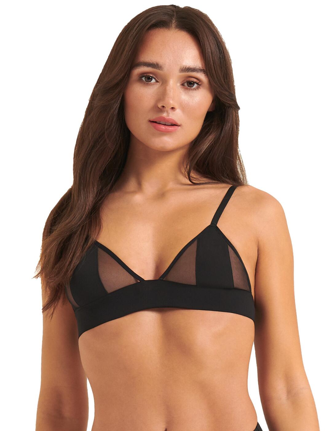 Look stylish whilst feeling super comfortable with this soft bra from Bluebella. This bra is a part of the Orla range which creates lingerie with a seductive feeling to give you that all-important confidence boost. It features triangle-shaped cups, a wireless design, all-over sheer mesh and an eye-catching stripe down each cup which provides a little coverage. Triangle cups are much-loved for their incredibly flattering cut that enhances and showcases your cleavage beautifully. Although the bra is wireless it ensures some support with the thick elastic under band that fastens at the back with a gold closure as well as having adjustable straps.  Soft bra Triangle-shaped cups Wireless All-over sheer mesh with a stripe down each cup Thick supportive under band Gold hardware on rear closure and adjustable straps Country of origin: China Composition: Main: 86% Polyester &pipe; 14% Elastane &pipe; Excluding trims Composition: Mesh: 88% Polyamide &pipe; 12% Elastane &pipe; Excluding trims  Listed in UK sizes  41579-BK-XXS 41579  Bralette