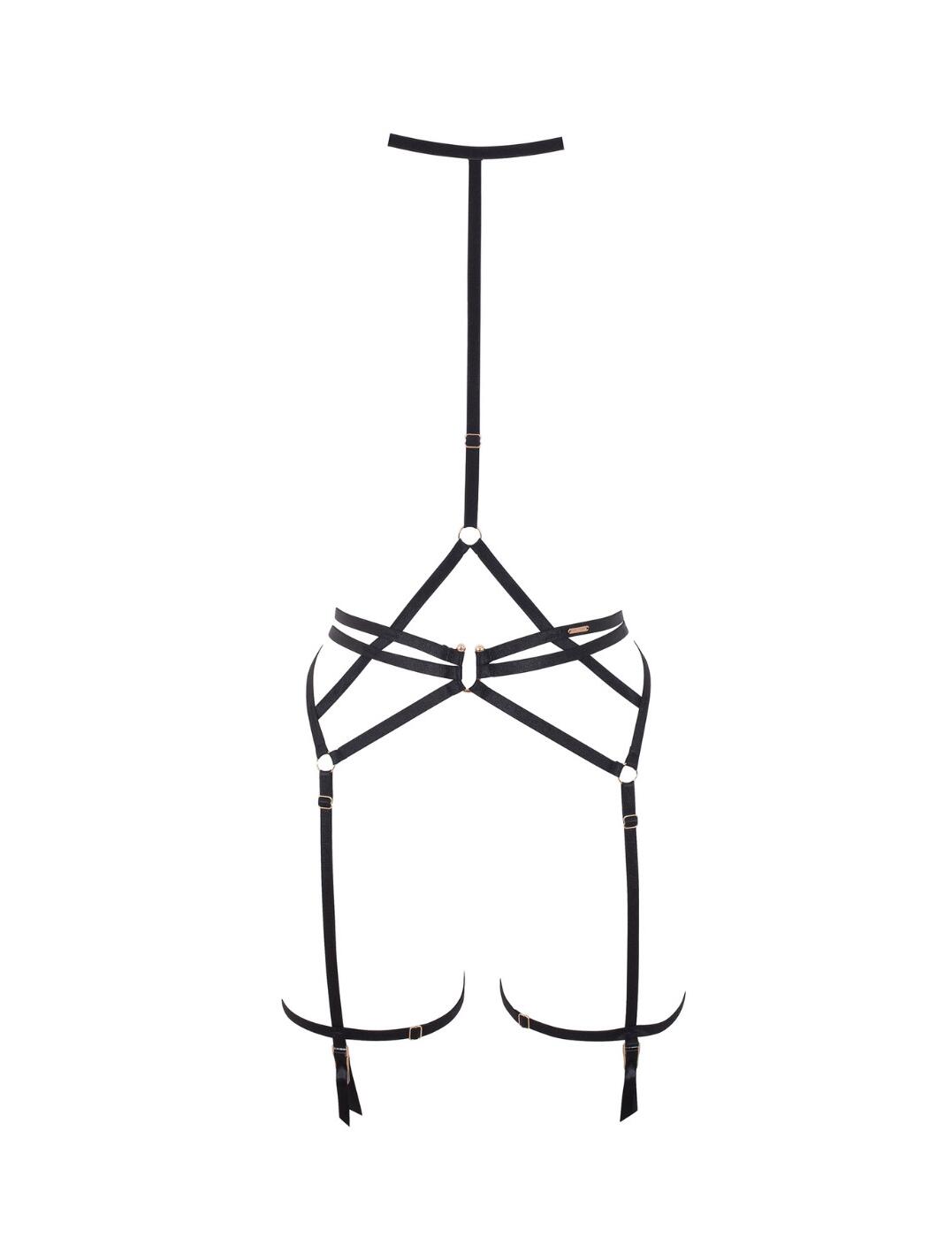 Suspenders are a must-have if you like to add that extra finishing touch to your lingerie looks especially this Estelle suspender harness from Bluebella. This suspender frames your whole silhouette with a strap around the neck, straps around the thighs and the main detailing across the waist. It has an all-over strappy design with gold hardware charms throughout. The suspender ensures a comfortable fit with a hook and eye closure and adjustable straps. Pair with the matching items from the Estelle range which is also available.  Suspender with harness Harness around the neck All-over strappy design Gold hardware charms throughout Rear hook and eye closure Adjustable straps Country of origin: China Composition: 76% Polyamide &pipe; 24% Elastane &pipe; Excluding trims  Listed in UK sizes  41487-BK-6 41487  Suspender Belt