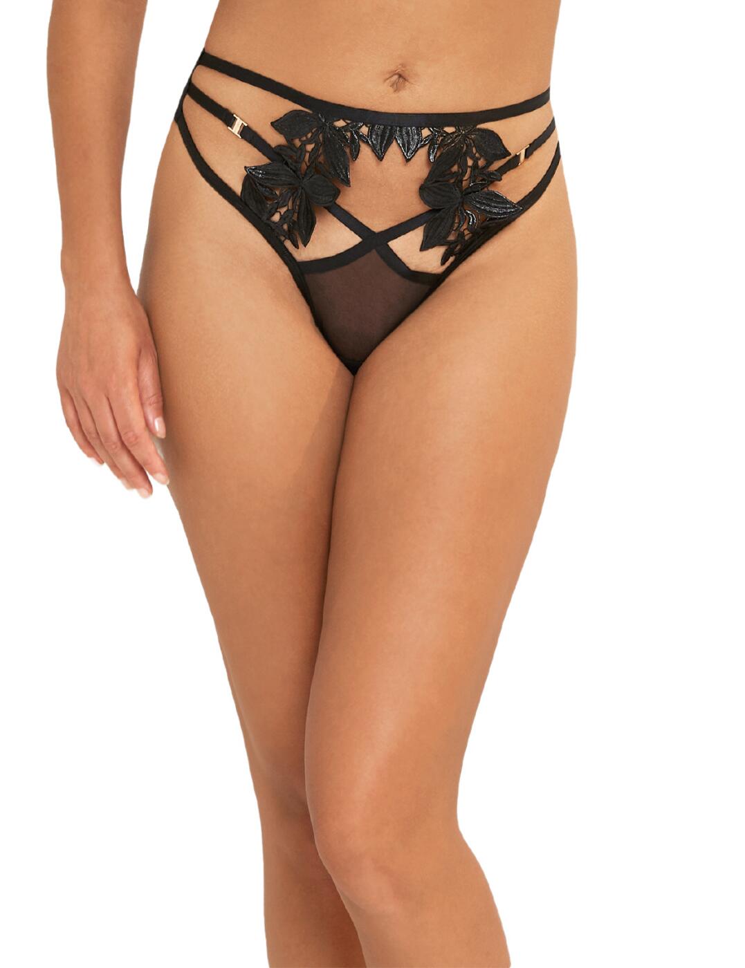 If you love a high-waisted style but still want to introduce some sexiness to your lingerie drawer, this high-waisted thong is perfect for you! From the Cromer range by Bluebella, the thong has an eye-catching strappy detail with a triple strap waistband that features the shimmery embroidery that is also on the available matching bra. The thong has an opaque low-rise front section which all the straps stem from creating a high-cut leg and high-rise waist. It provides minimal rear coverage with a string rear. Made complete with gold hardware detailing.  High-waisted thong Minimal rear coverage with string rear Triple strappy waistband Shimmery embroidery at the front Gold hardware detailing Country of origin: China Composition: 58% Polyamide &pipe; 26% Polyester &pipe; 16% Elastane &pipe; Excluding trims Composition: Gusset: 100% Bamboo  Listed in UK sizes  41484-BK-6 41484  Thong