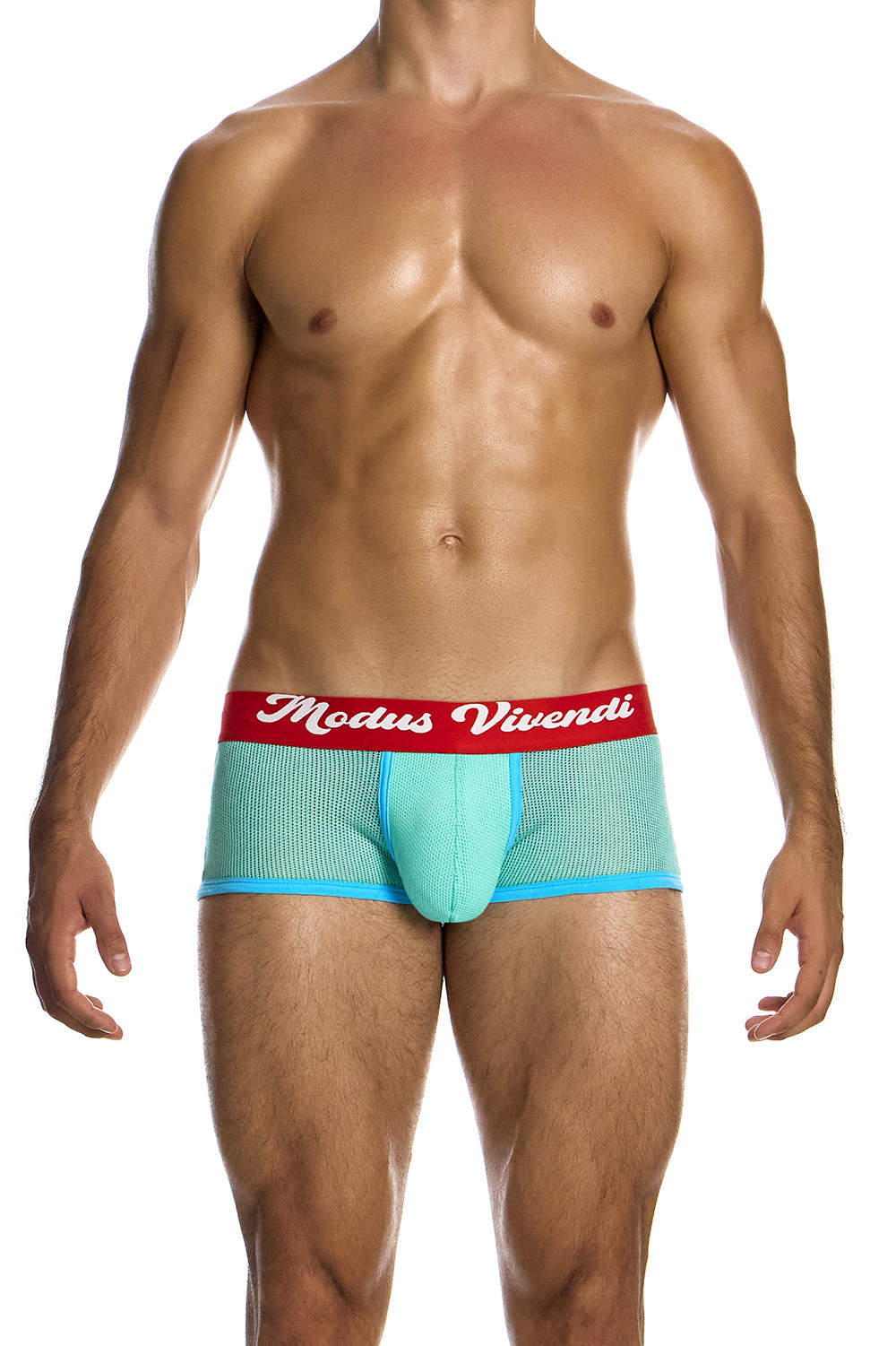 Shop Modus Vivendi Retro Boxer Brief men’s cotton underwear shorts in fine see through mesh. Colourful classic male trunks with a roomy lined pouch