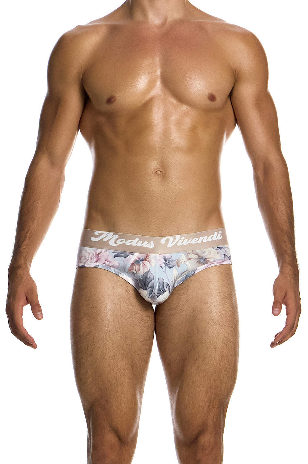 Modus Vivendi Classic Romance Brief men’s underwear hipsters in silky smooth pastel floral. Shop luxury male undies - lined pouch and deep elastic
