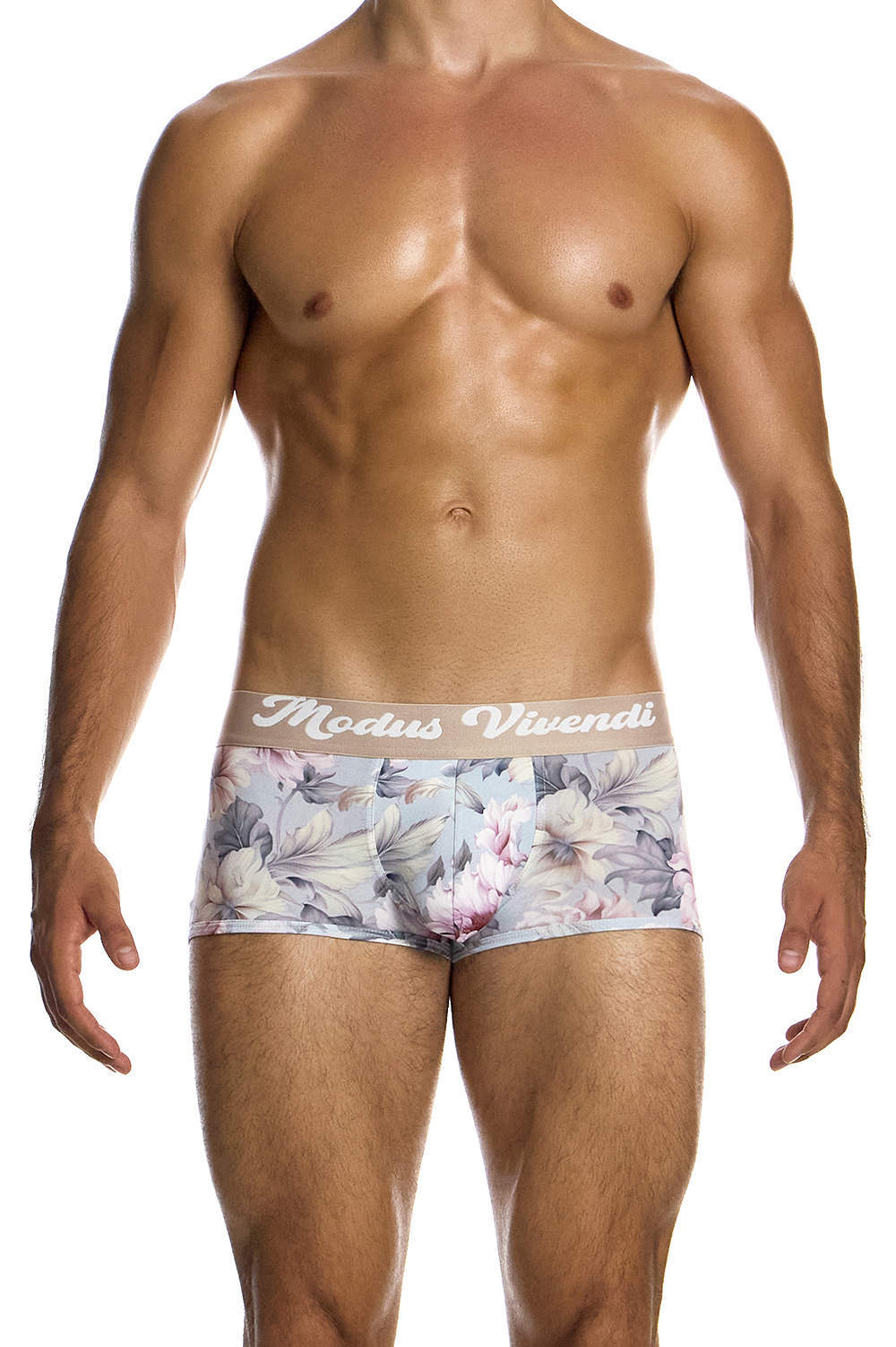Modus Vivendi Romance Boxer Brief men’s underwear trunk in silky floral. Shop luxury male shorts online – lined cup pouch and deep retro waistband