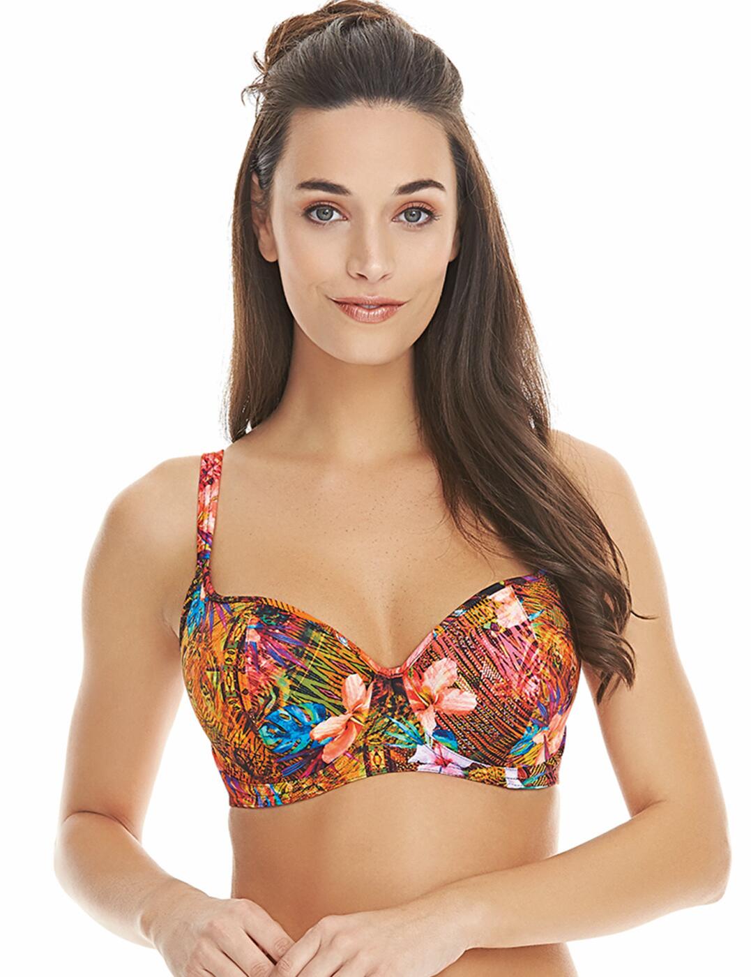 Release your wild side with the Freya Safari Beach Range. A show stopping mix of wild flowers, neon colours and animal print create the ultimate fierce, powerful image.  Sweetheart top for added wow-factor Light foam padding offers support and a smooth, rounded shape Underwired for support and uplift Plastic snap back fastening Fixed, fully adjustable straps Matching coordinates available  Listed in UK sizes  24364-42757-642496 AA3721MUI Bikini Top