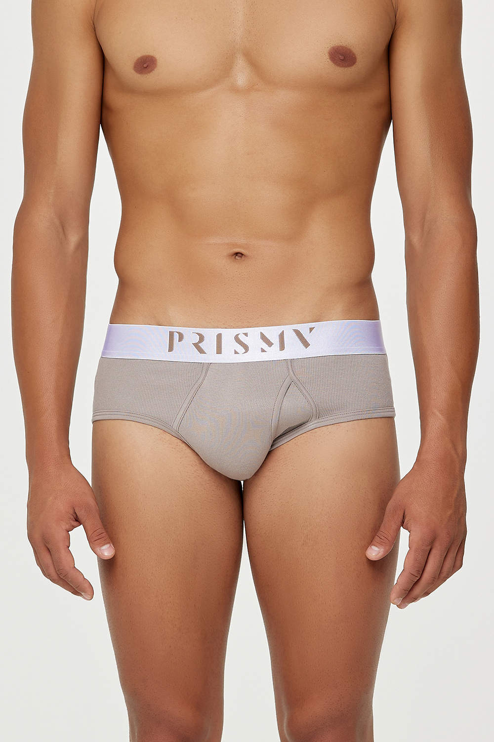 Luxury Prisma Core Taupe Ribbed Fly Brief men’s underwear in certified organic cotton – shop unusual left handed opening male midi underpants online