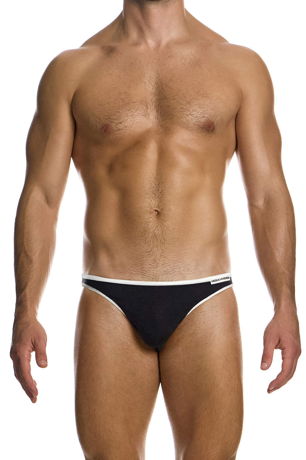 Modus Vivendi XTRA LUX Black Silk Low Cut Brief men’s underwear bikini. A silk-blend male micro slip with satin trim. Shop luxury undies for him