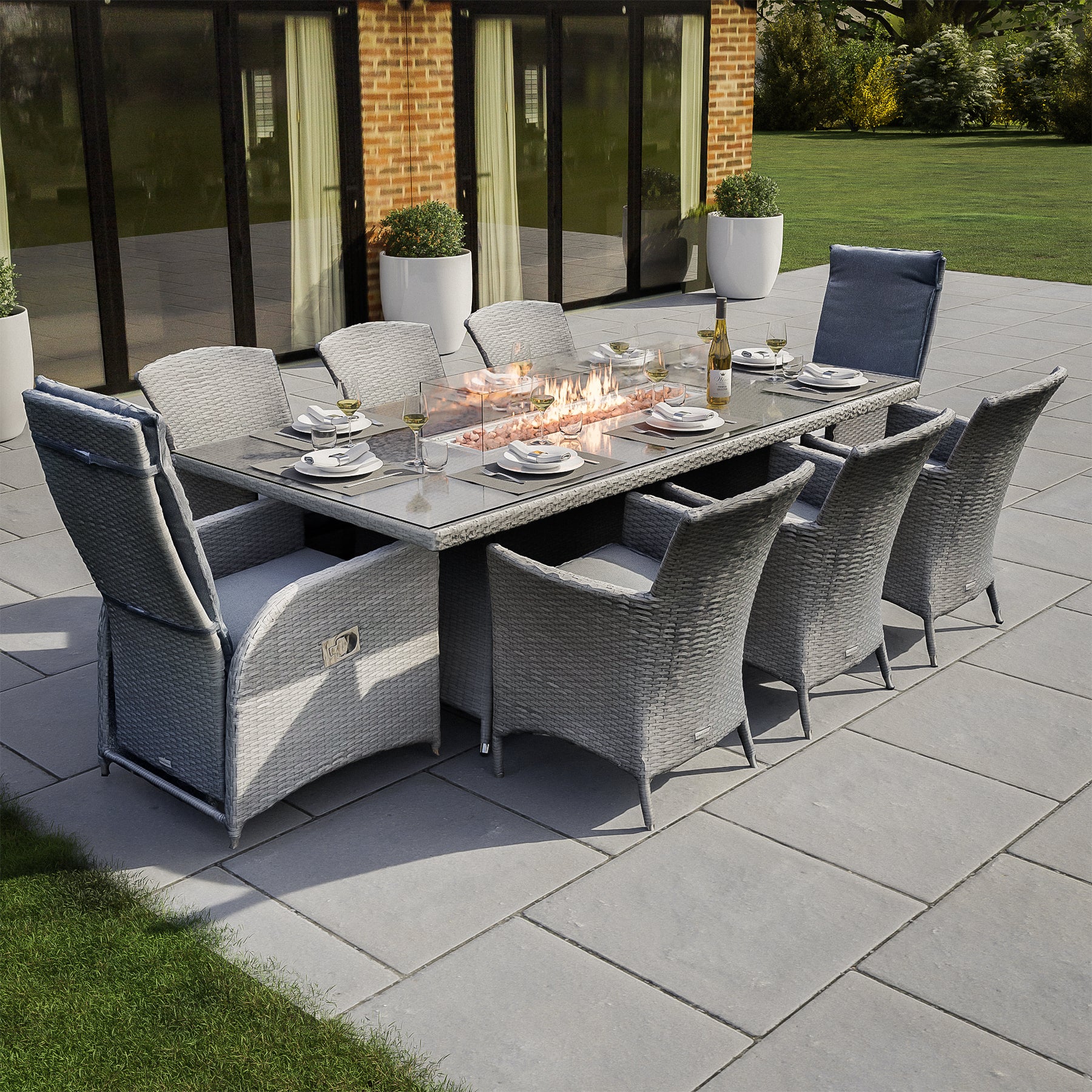 Bracken Outdoors Dakota 8 Seat Rattan Garden Furniture Gas Fire Pit Set with Armchairs & Recliners